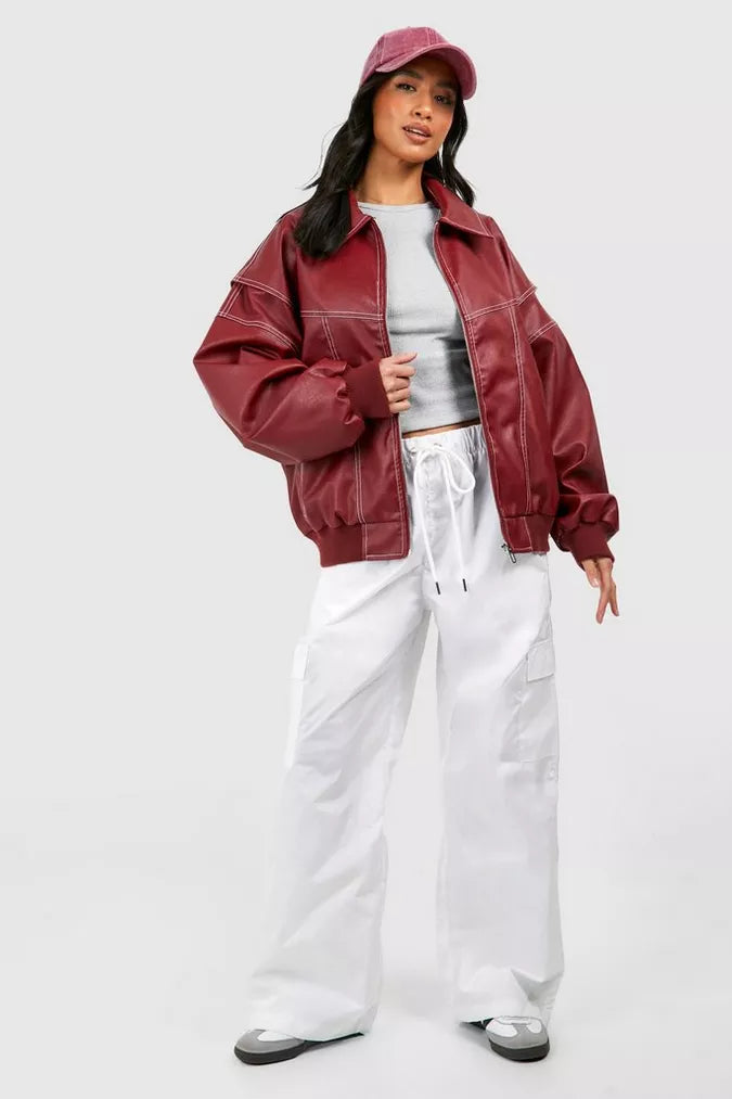 Francesca™ Oversized Red Leather Jacket