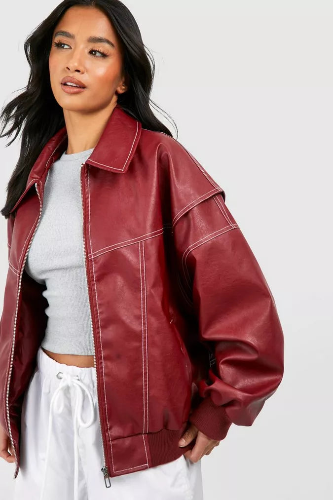 Francesca™ Oversized Red Leather Jacket